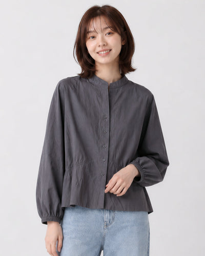 S~XL スタンドカラー ウエストシェイプ バルーンスリーブブラウス