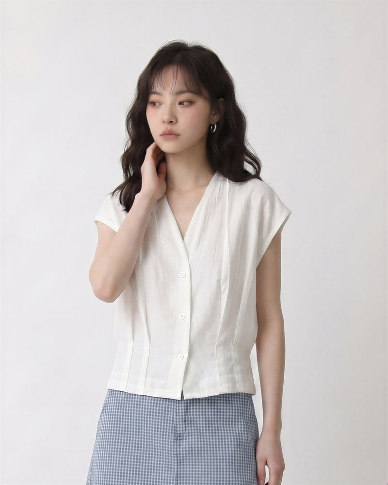 Vネック ウエストシェイプ シルエット ノースリーブシャツ-ホワイト-2XL