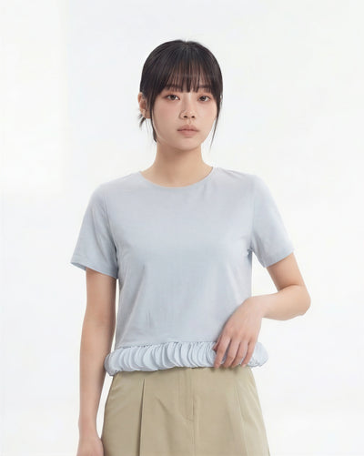 クルーネック ショート丈 ペプラム裾 背中あきリボン 半袖Tシャツ-サックス-M