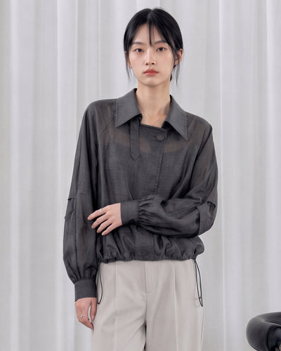 L~3XL ドローストリングウエスト アシンメトリー前立てシャツ