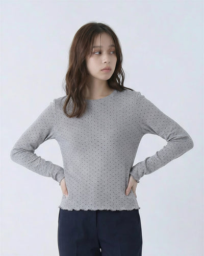 小粒ドット メローフリル付き クルーネック 長袖Tシャツ