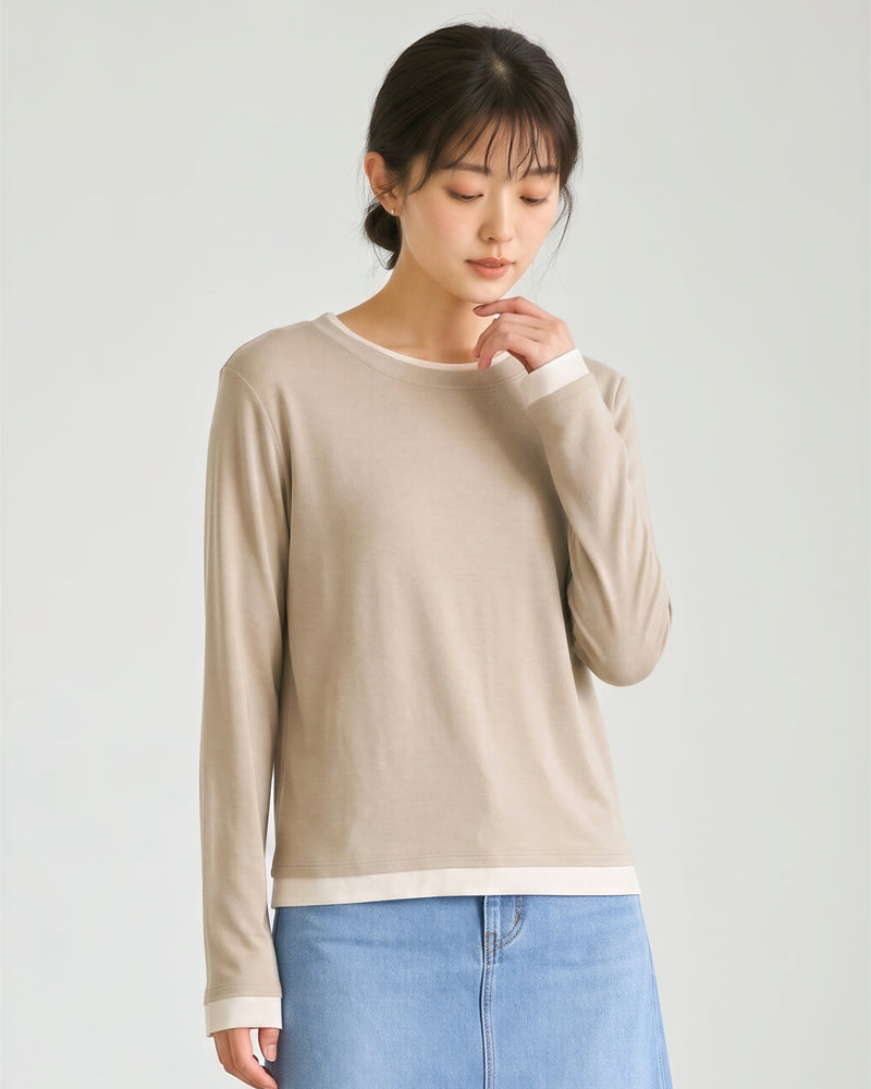 【秋新作】ラウンドネック レイヤード風 スリム見え フェイクツーピースTシャツ