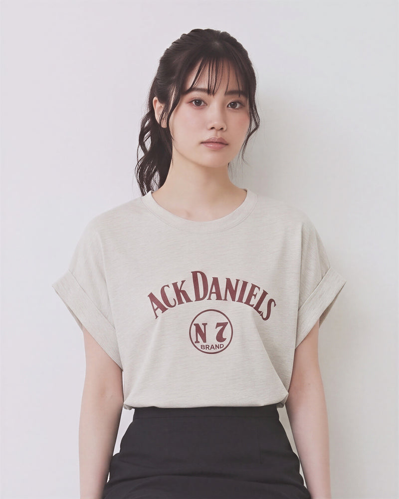 ロールヘムフリルスリーブ ヴィンテージプリントTシャツ-ライトベージュ-L