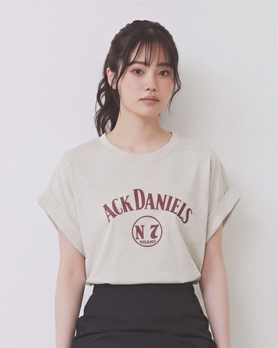 ロールヘムフリルスリーブ ヴィンテージプリントTシャツ-ライトベージュ-L