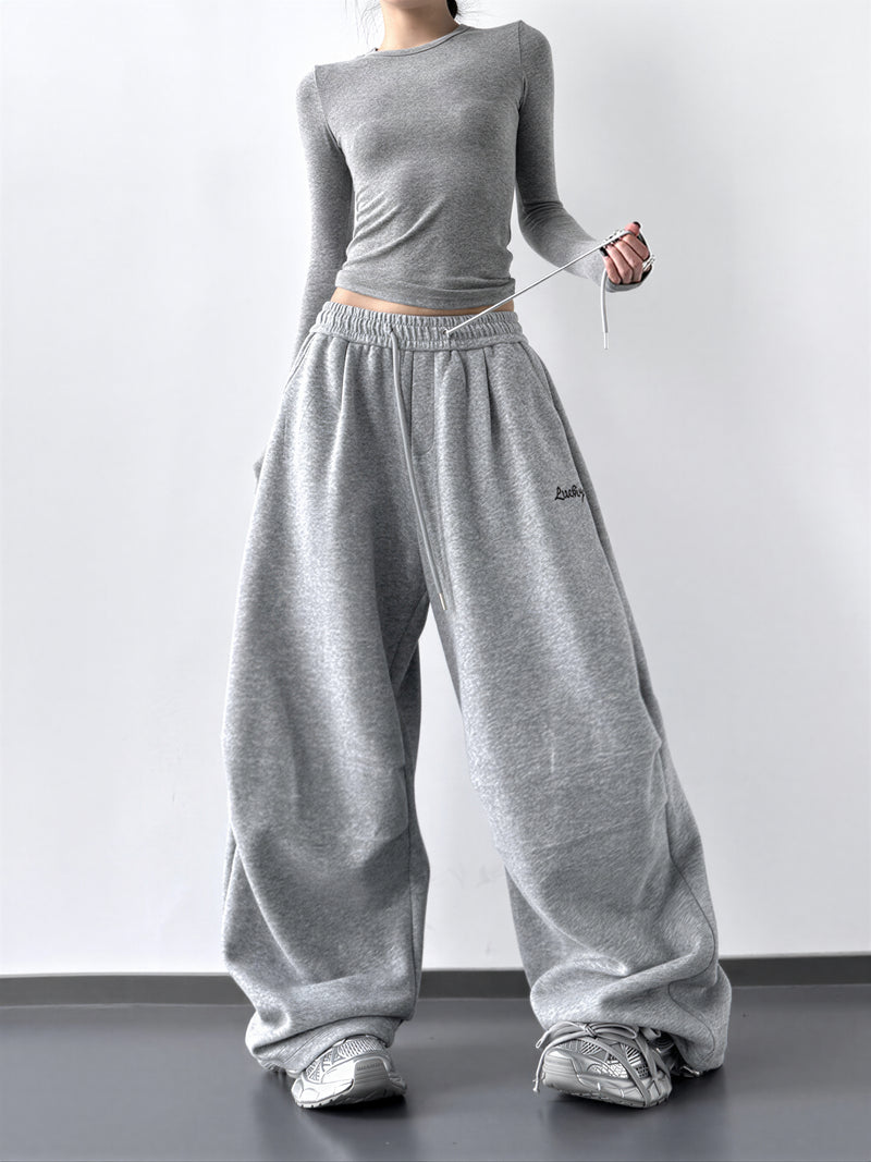 ハイウエスト ドローストリング ワイドシルエット スウェットパンツ