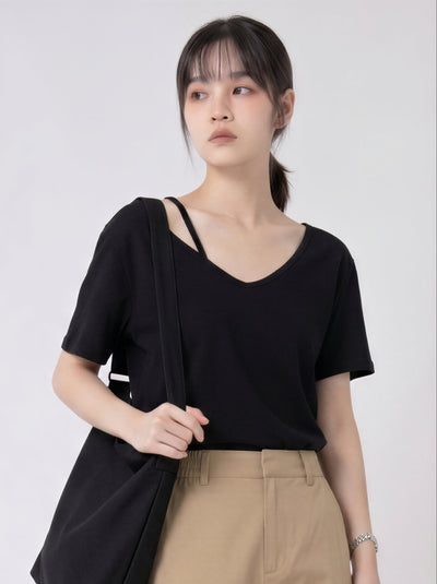 カットアウトオフショルダー ワイドネックTシャツ