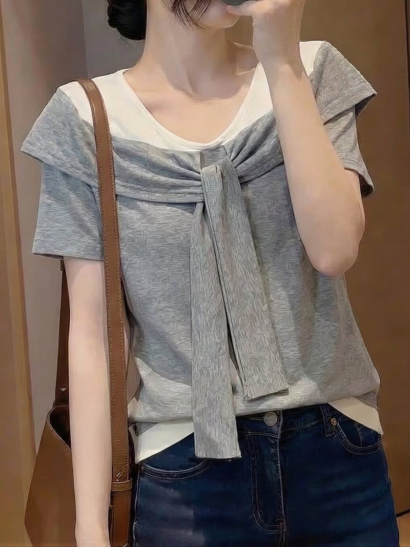 ドッキングVネック リボン付き フェイクレイヤード半袖Tシャツ-グレー-XL