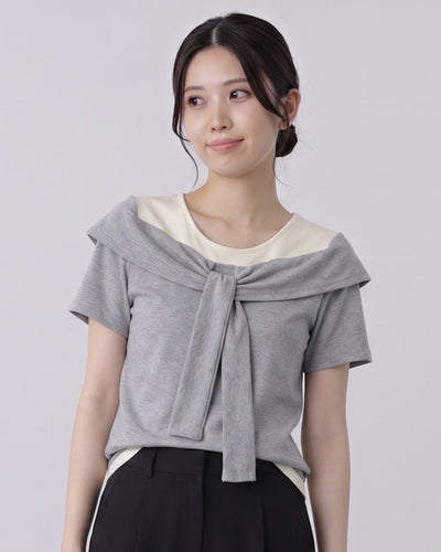 ドッキングVネック リボン付き フェイクレイヤード半袖Tシャツ