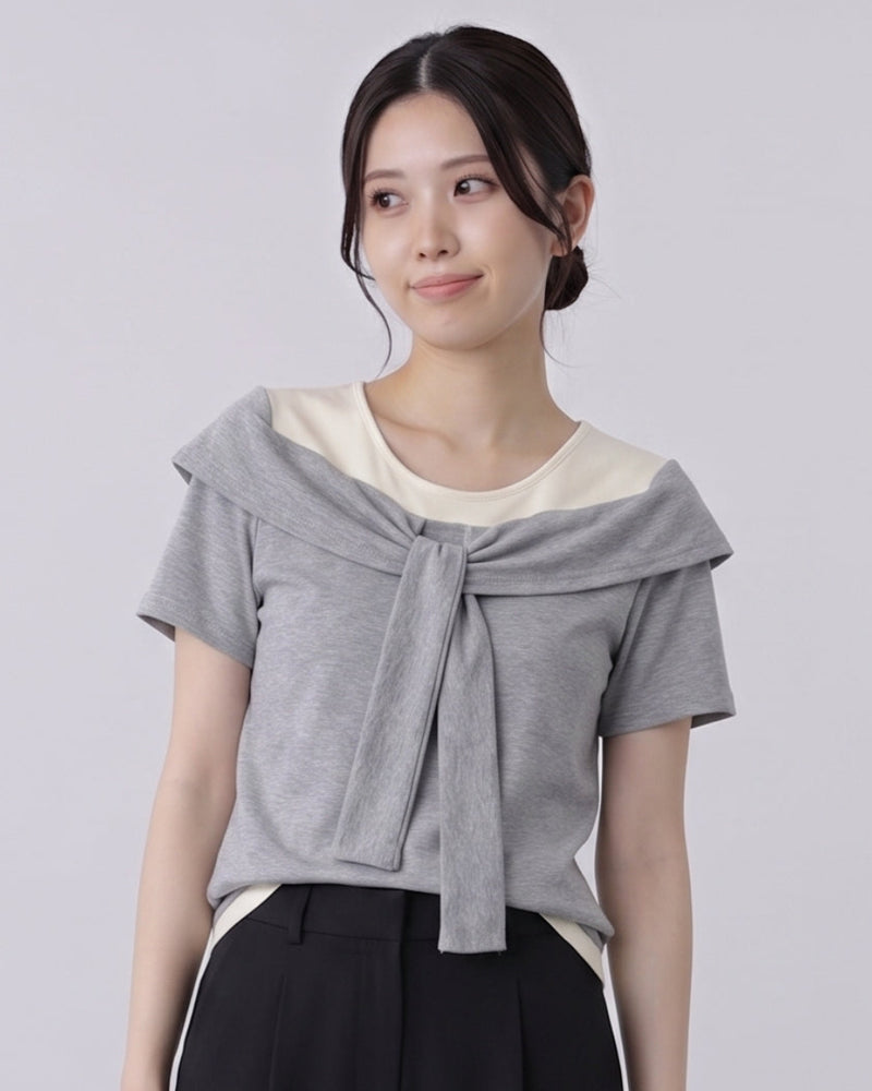 ドッキングVネック リボン付き フェイクレイヤード半袖Tシャツ