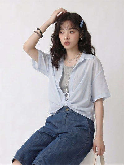 半袖シャツ 薄手 ゆったり 襟付き フロントリボンデザイン ポリエステル-サックス-L