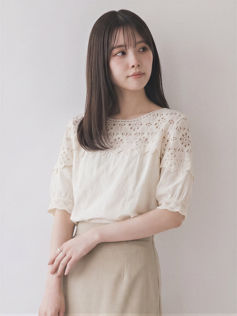 夏の清涼感!純綿レース透かし半袖シャツシックなデザインのシャツ-ベージュ-2XL