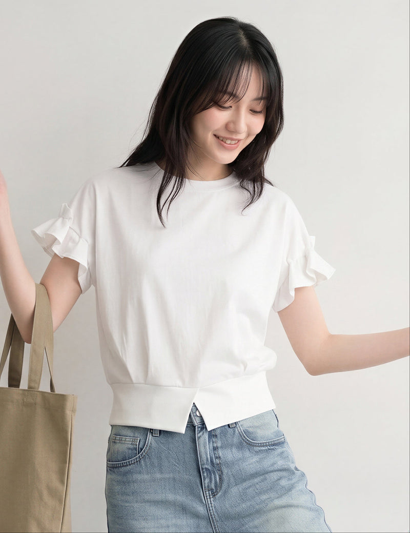 フリルスリーブ ウエストシェイプ ショート丈Tシャツ-ホワイト-L