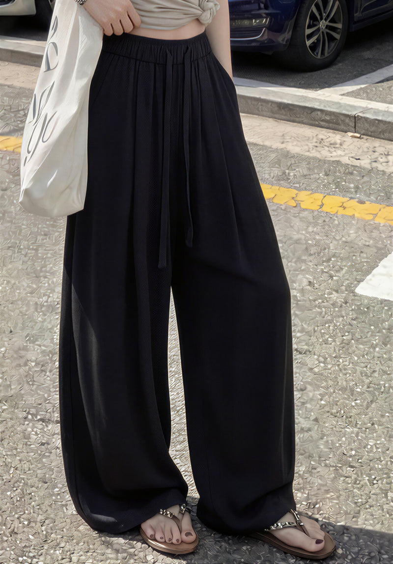 ドレープしわ加工 裾引きワイドパンツ