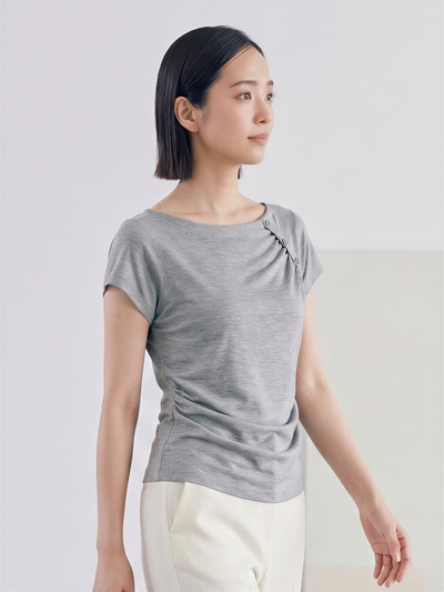 アシンメトリーネック ギャザー ボタン切替Tシャツ