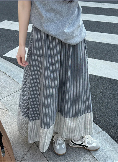縦ストライプ 切替 配色パイピング Aラインフレアスカート