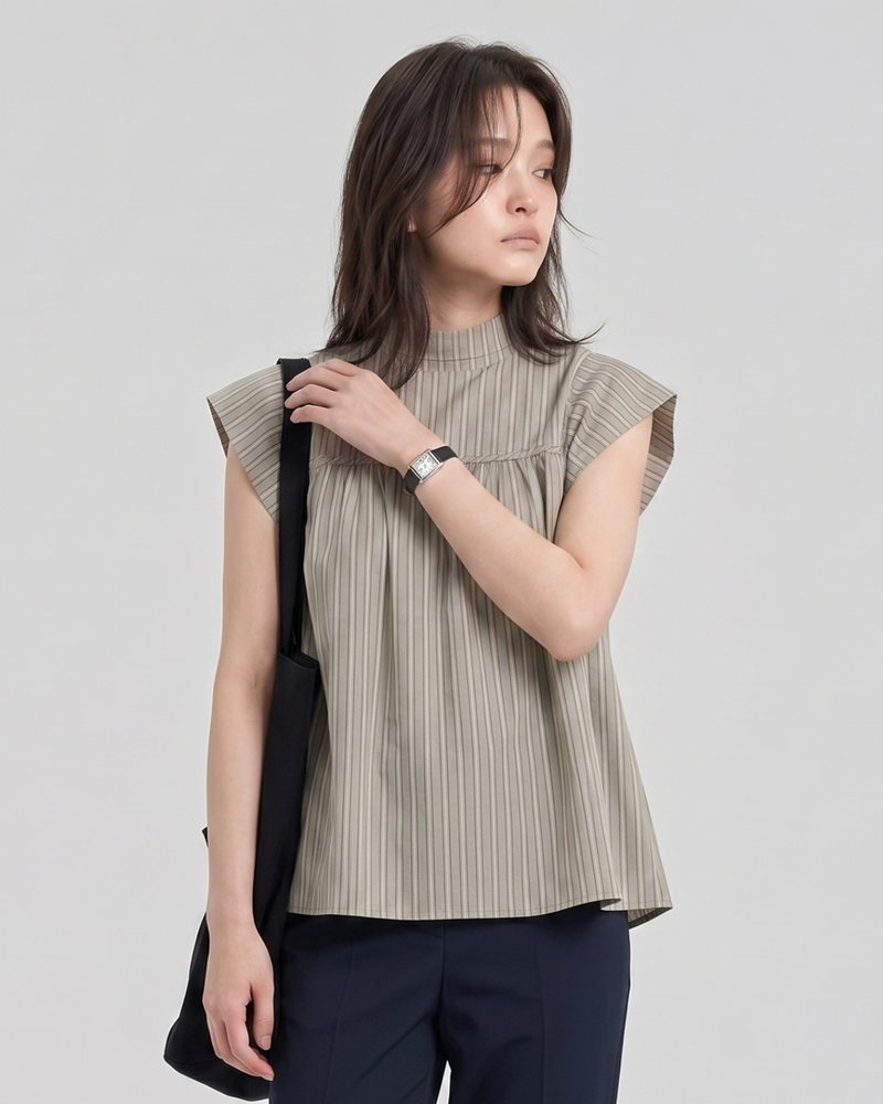 スタンドカラー 細ストライプ フリルスリーブ ノースリーブシャツ