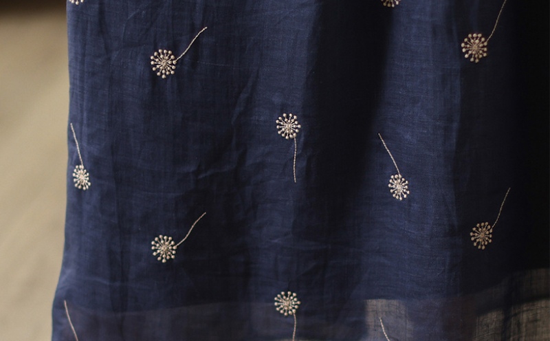 ネイビー 刺繍プリント ウエストリボン ノースリーブワンピース