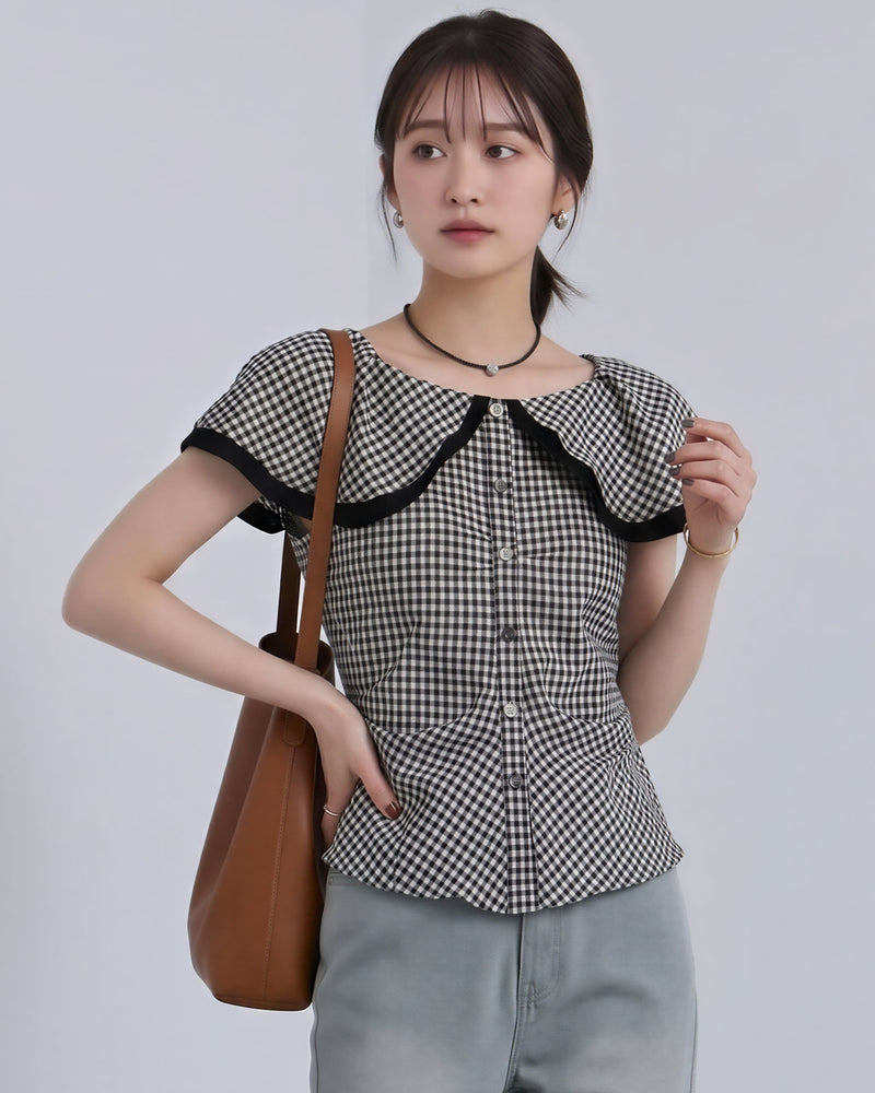 白黒チェック配色トリム ウエストシェイプシャツ-ブラック-XL