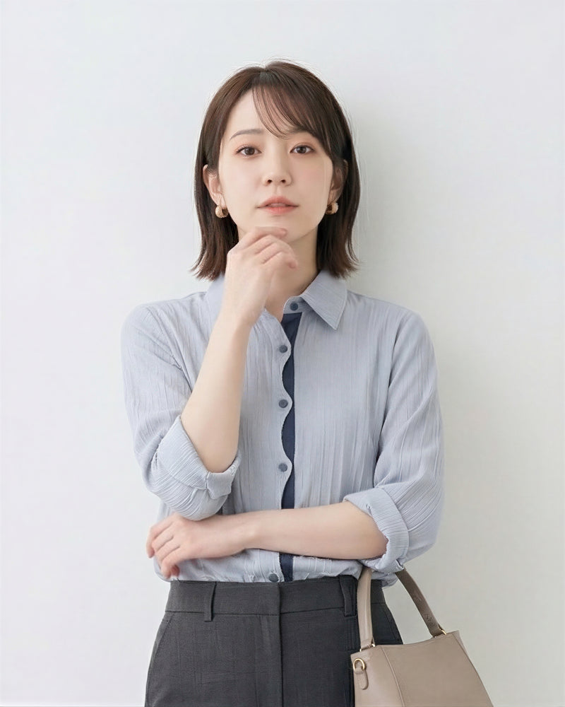 配色前立て 縦リブ風テクスチャーシャツ-サックス-2XL