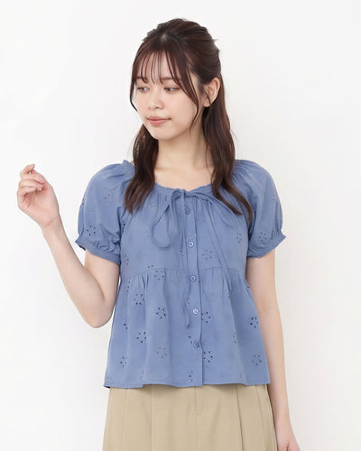 ドローストリングネック パフスリーブ カットワーク刺繍ブラウス-ブルー-L