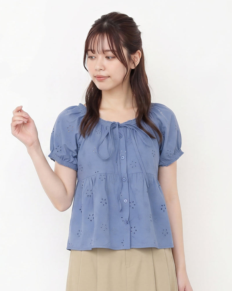 ドローストリングネック パフスリーブ カットワーク刺繍ブラウス-ブルー-L