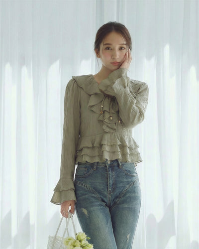 メローフリル×リボン付き ベルスリーブシャツ-セージグリーン-L