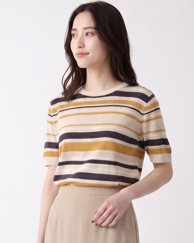 ボーダー柄 クルーネック 半袖ニット-ライトベージュ X キャメル-FREE
