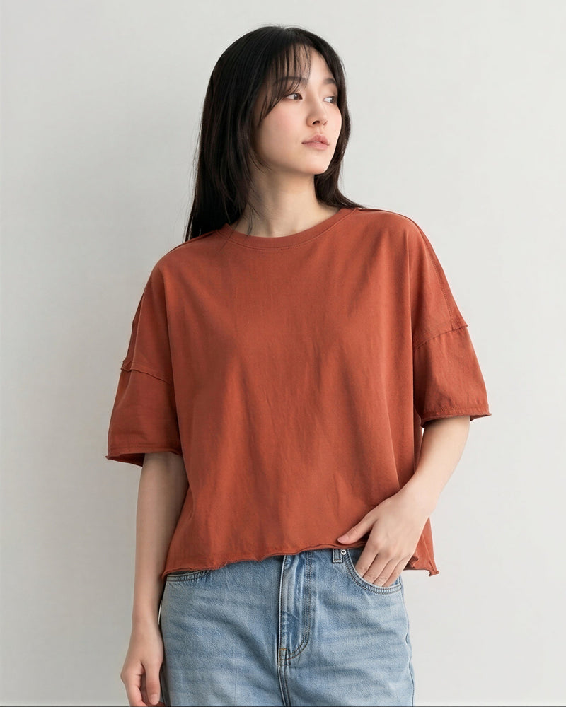 ゆったりドロップショルダー ラウンドヘムTシャツ-レッド-XL