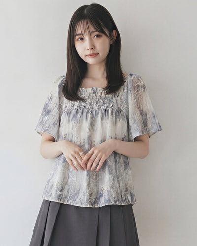 グレー スクエアネック ギャザー ブラウス-グレー-3XL