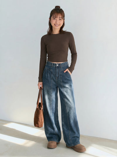 ハイウエスト タック入り ワイドレッグ フルレングス デニムパンツ-ダークネイビー-4XL