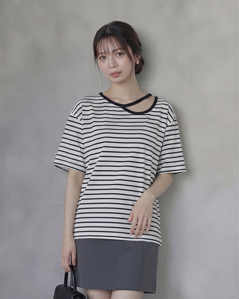 配色フェイクレイヤードボーダーTシャツ