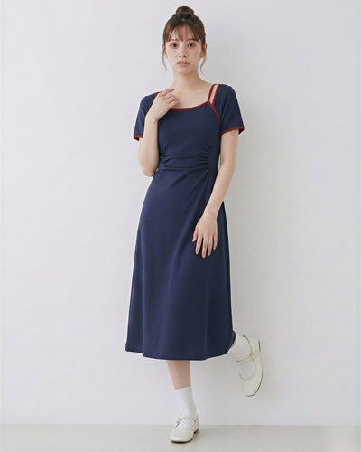 配色パイピング ウエストシェイプ スクエアネックワンピース-ダークブルー-XL