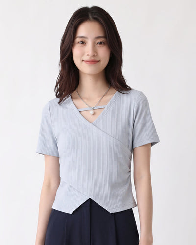 ライトブルー クロスVネック リボンTシャツ