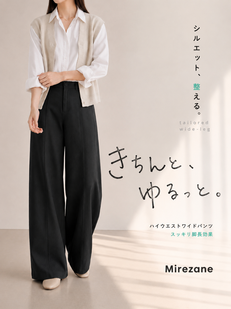 【全4色】S~XL ハイウエスト ドレープ ワイドパンツ