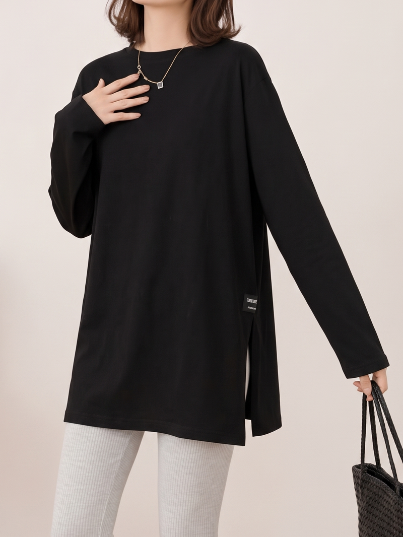 【秋新作】【全2色】S~2XL ゆったりドロップショルダー スリット入り長袖Tシャツ