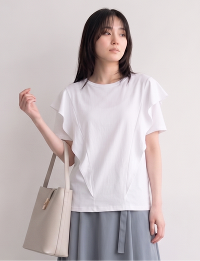 ラウンドネック フリルスリーブ ゆったりTシャツ