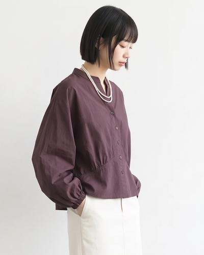 S~XL スタンドカラー ウエストシェイプ バルーンスリーブブラウス