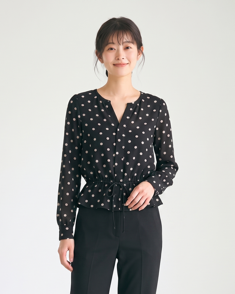 L~4XL ブラックドット ウエストマークブラウス