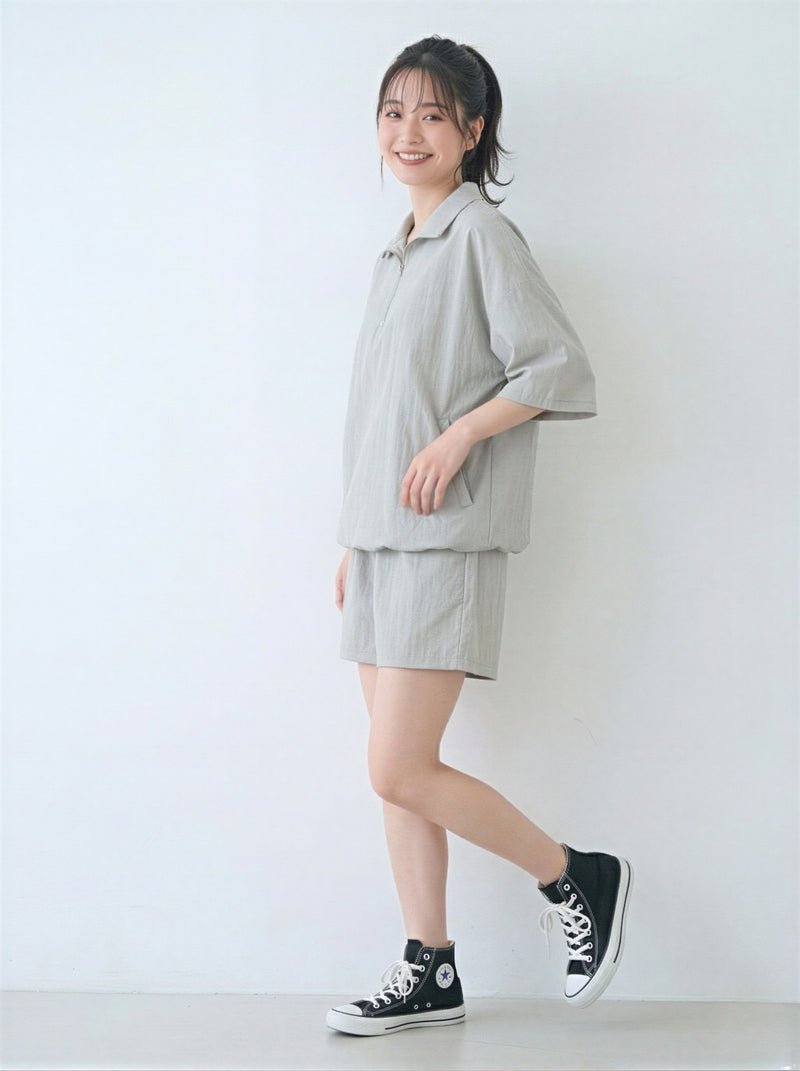 ハーフジップ 襟付き ルーズPOLOシャツ&ショートパンツ 2点セット