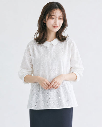 M~2XL ホワイト 透かし柄 襟付き ゆったり長袖シャツ