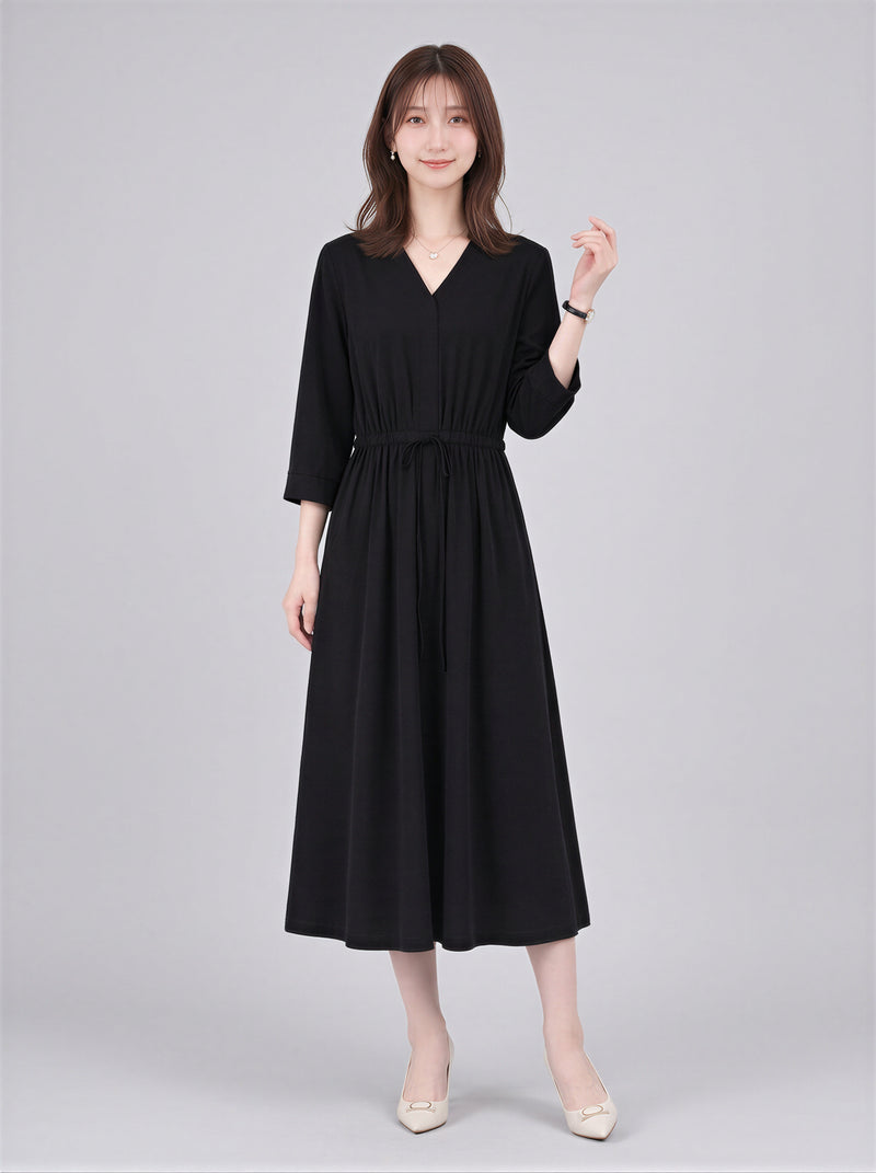 Vネック ウエストマーク ミモレ丈ワンピース-ブラック-2XL