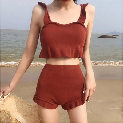 フリルストラップショート丈 セパレート2点セット水着(トップス+ハイウエストボクサーショーツ)-レッド-XL