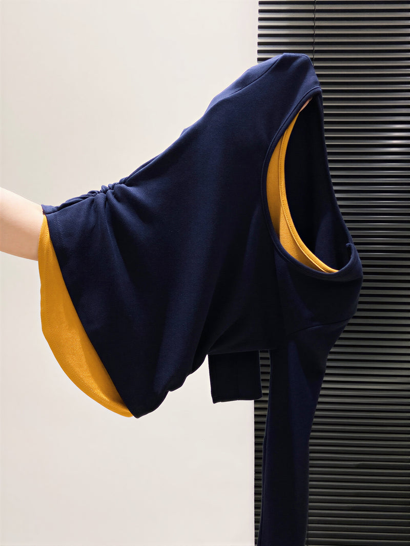 S~XL レイヤード風 クルーネック スリムフィット フェイクツーピース 長袖Tシャツ
