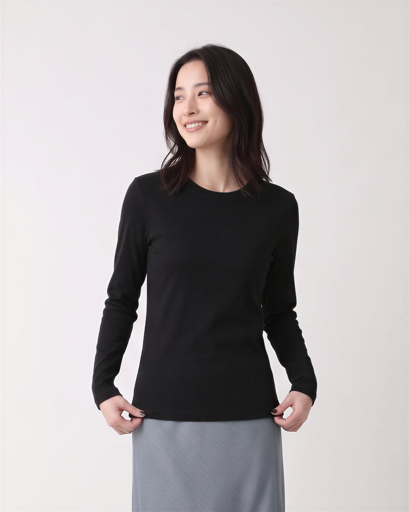 クルーネック スリムフィット 長袖Tシャツ-ブラック-3XL