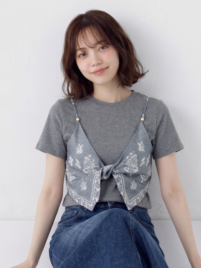 半袖Tシャツ2枚フェイクスカーフ個性的アートキルティングトップス