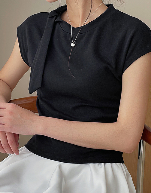 ワンショル風リボンデザイン すっきりフィット半袖Tシャツ