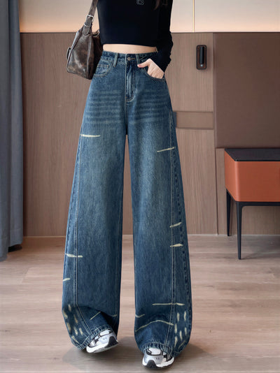 ハイウエスト ワイドレッグ フロアレングス デニムパンツ-ネイビー-4XL