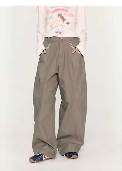 ハイウエスト タック入り 配色ステッチ ワイドパンツ-オリーブ-2XL
