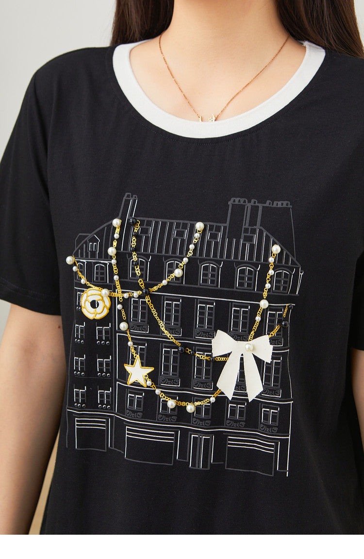 配色パイピングのクルーネック 立体柄Tシャツ