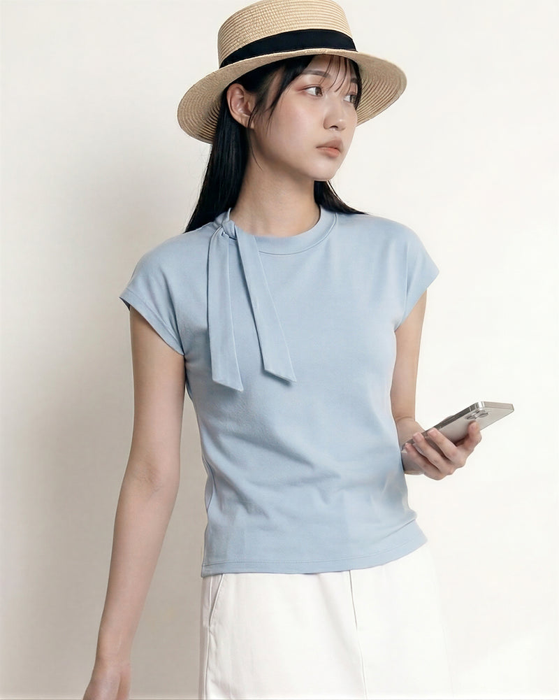 ワンショル風リボンデザイン すっきりフィット半袖Tシャツ
